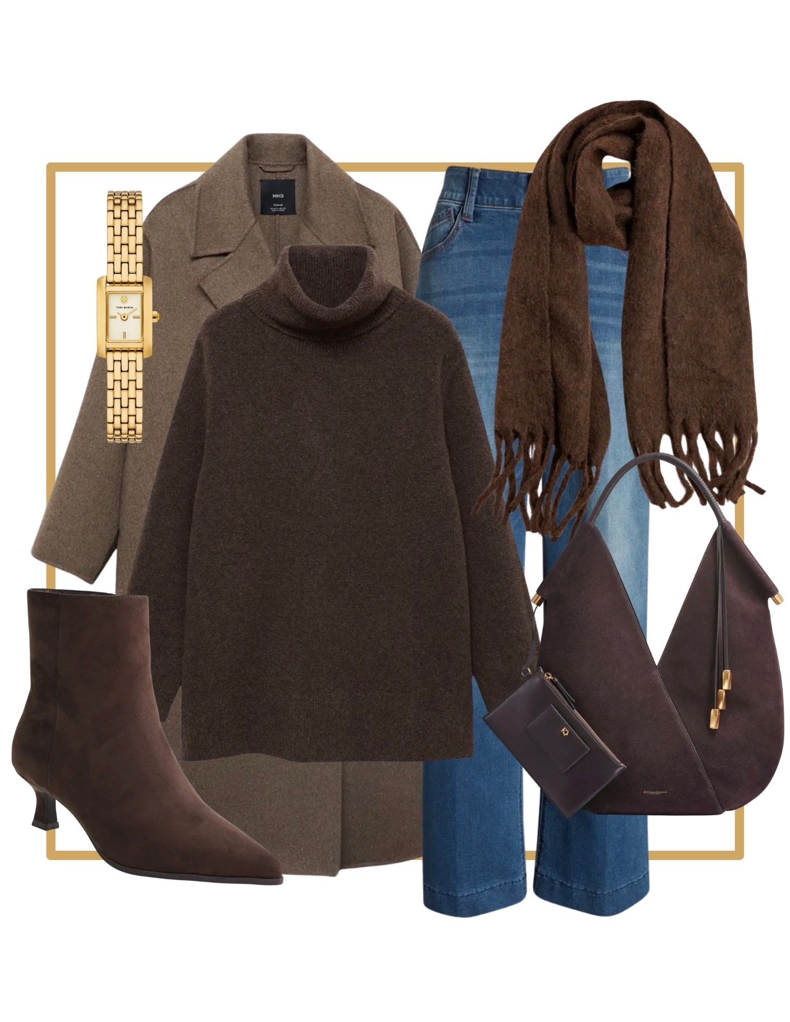 Cozy casual sophisticated classy winter outfit. Turtleneck sweater paired with wide leg jeans. Pointed toe ankle boots. Brown suede bag. Double breasted coat. Chocolate brown scarf.

#LTKShoeCrush #LTKItBag #LTKWorkwear