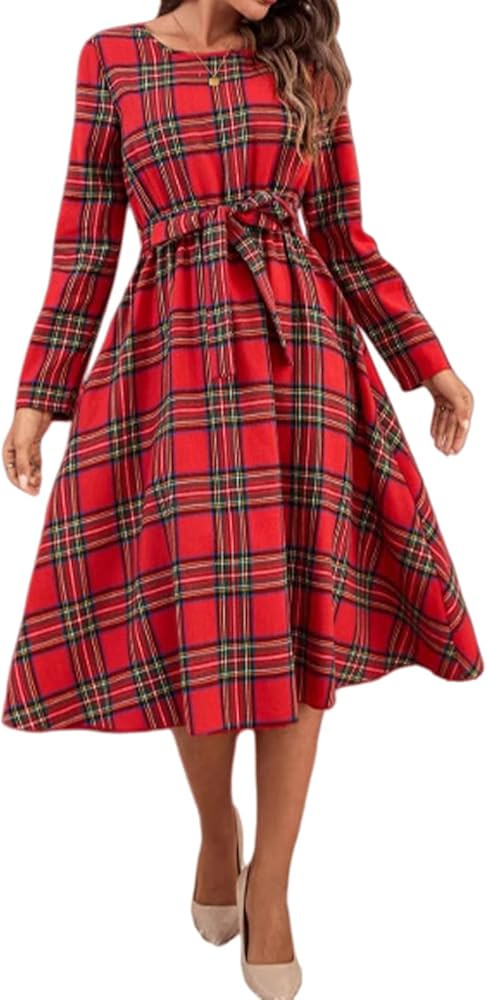 Red Plaid Dress Fall Cute Christmas Long Sleeve V Neck Loose Ruffle Hem Casual Going Out Long Dre... | Amazon (US)