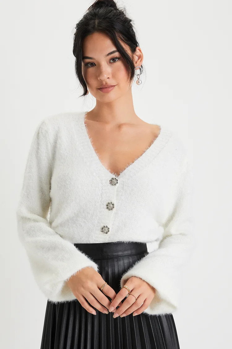 Dashing Darling Ivory Eyelash Knit Rhinestone Cardigan Sweater | Lulus