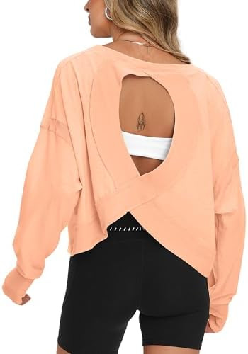 Darong Women's Open Back Workout Top Oversized Athletic Shirt Long Sleeve Crop Top with Thumb Hol... | Amazon (US)