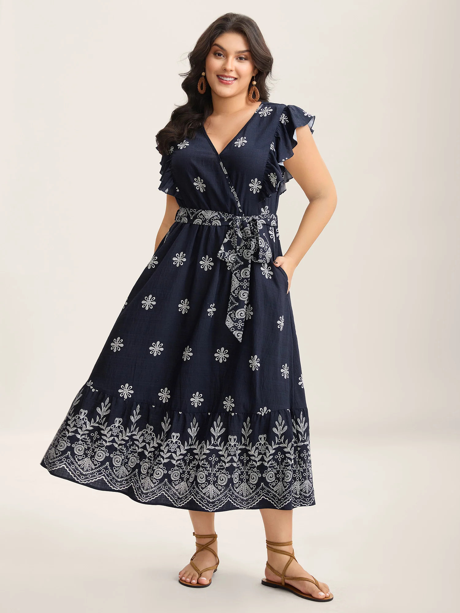 Rayon Stretchy Waist Pockets Flutter Midi Dress | Bloomchic