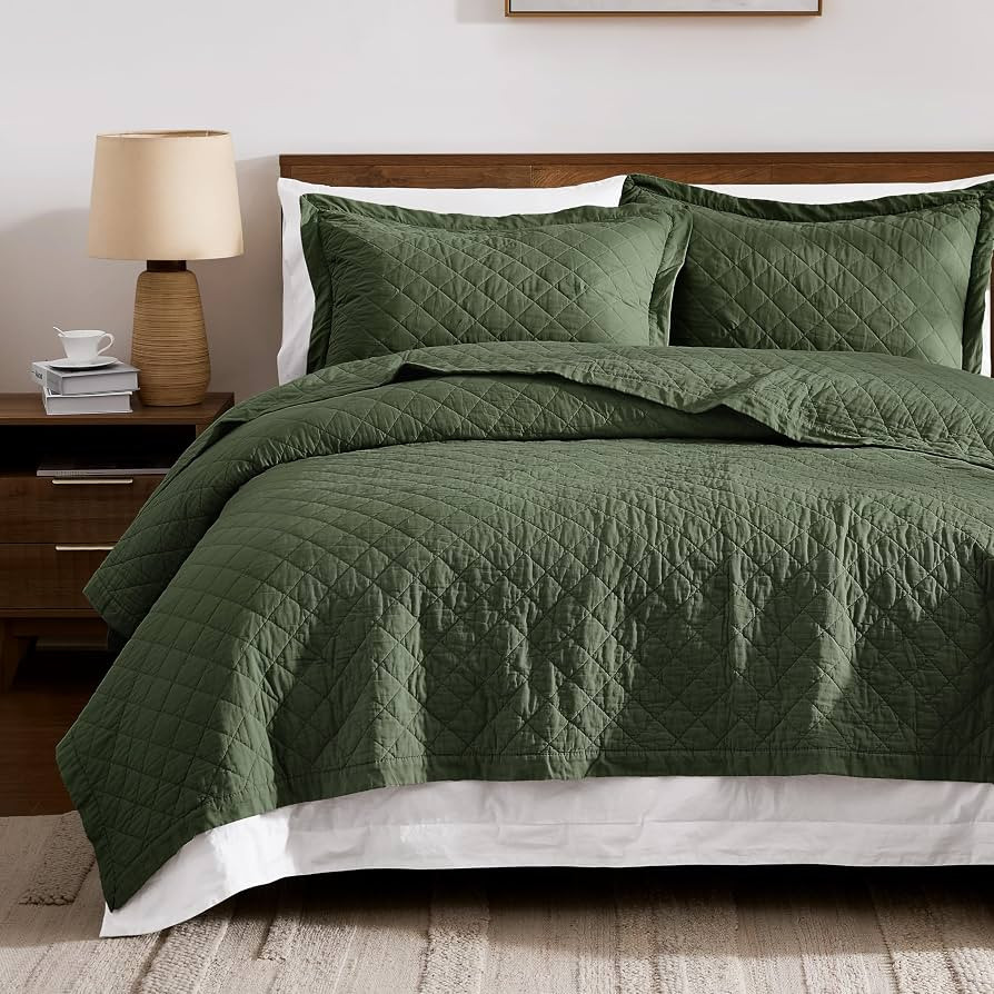 WDCOZY 100% Cotton Quilt Set, Pre-Washed, King, Olive Green, 3 Pieces | Amazon (US)