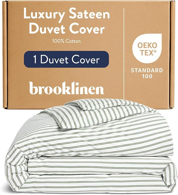 Brooklinen Luxury Sateen Duvet Cover - 100% Cotton, King/California King Size in Green Tandem Str... | Amazon (US)