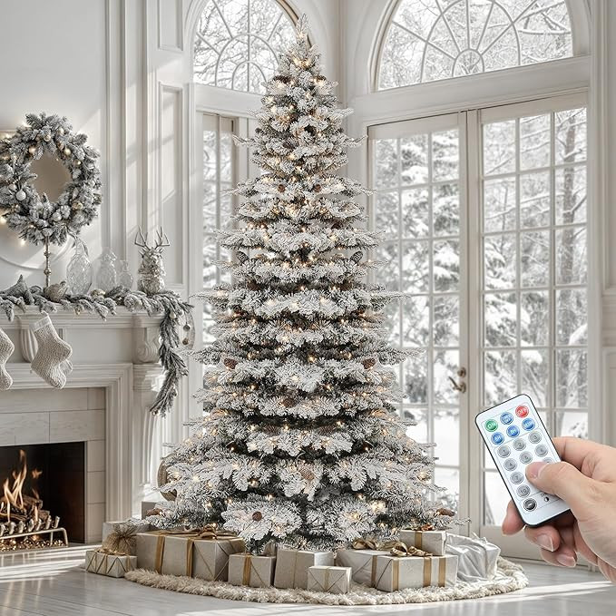 YITAHOME Pre-Lit Mountain Pine Flocked Christmas Tree with Remote, 7.5FT Pre-Decorated Hierarchic... | Amazon (US)