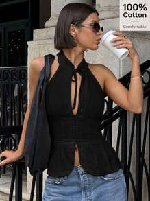Siren Gaze Women's Bow Tie Hollow Out Halter Neck Sleeveless Top, Open Slit Casual Vest | SHEIN
