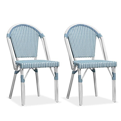 PURPLE LEAF Dining Chair Set of 2 Outdoor French Bistro Chairs Hand-Woven Aluminum Wicker Rattan Chairs for Garden Kitchen Backyard Porch White Print Finish Patio Chairs Light Blue | Amazon (US)
