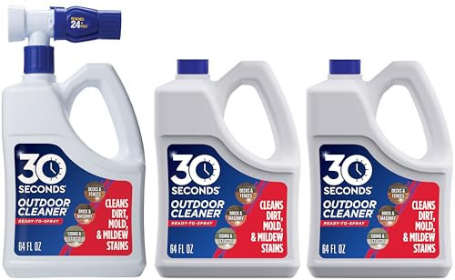 30 Seconds Outdoor Cleaner | Cleans Moss Stains from House, Vinyl Siding, Deck, Patio, Fence - 3 Capped Bottles, 1 Hose End Spray Attachment (64 Fl Oz (Pack of 3) | Amazon (US)