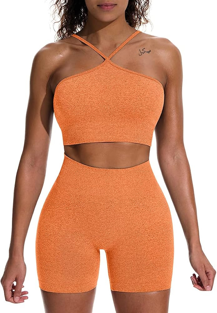 HYZ Women's Workout 2 Piece Outfits High Waist Running Shorts Seamless Gym Yoga Crop Top Bra Sets | Amazon (US)