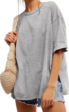 UNCLECAT Womens Oversized T Shirts Summer Trendy Short Sleeve Crew Neck Tops Loose Fit Side Slit ... | Amazon (US)