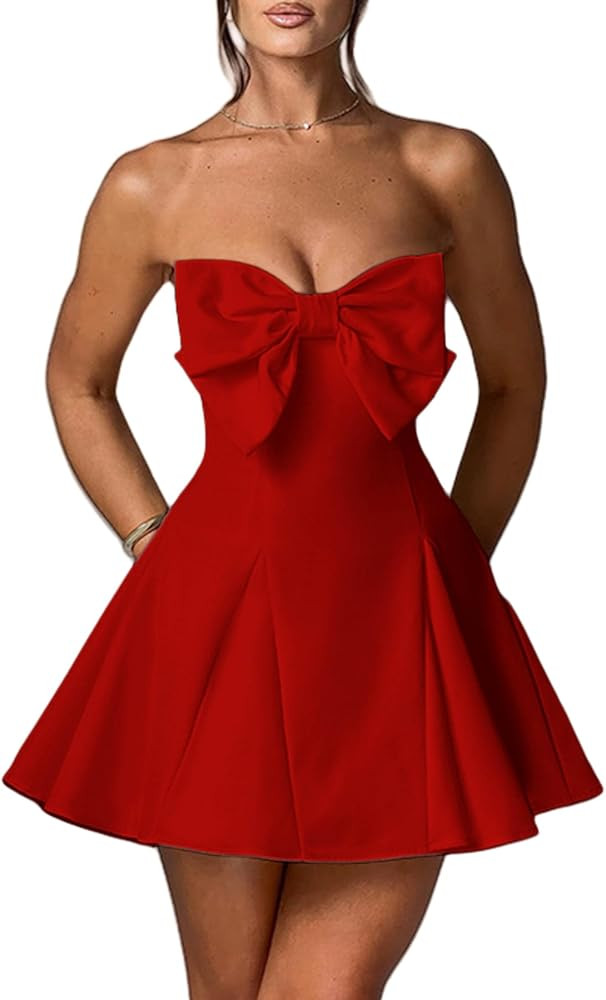 Women's Sexy Strapless Tube Mini Dress with Bow Elegant Flare Formal Dress Off Shoulder Dress Wed... | Amazon (US)