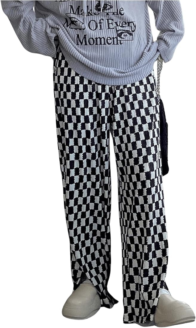 SHENHE Women's Checkered Pants Split Hem Straight Leg Elastic Waist Casual Loose Pants | Amazon (US)