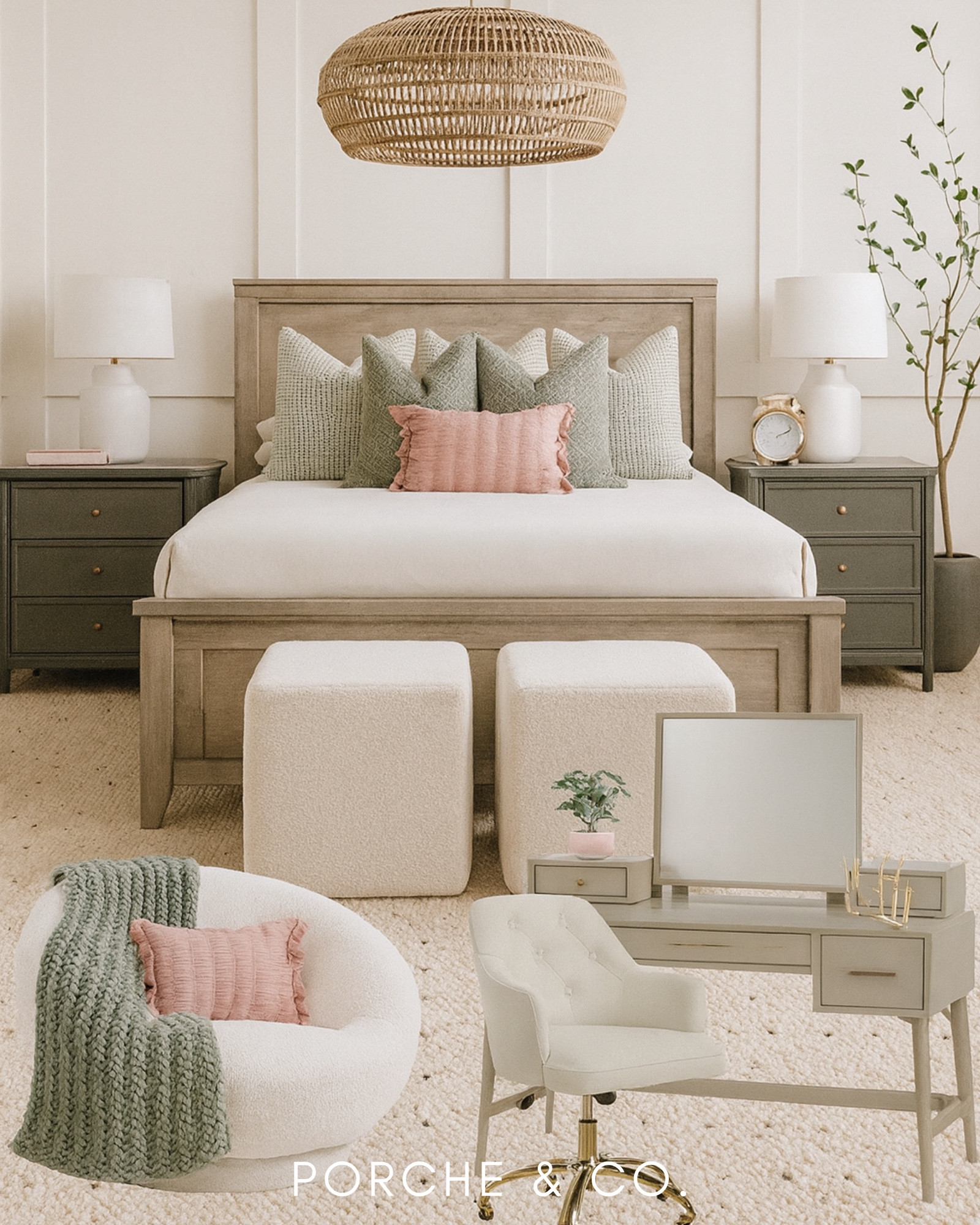 2D vs 3D Bedroom Curated Collection 🤍✨
From design vision to reality! Swipe to see the before & after of this dreamy Bedroom Curated Collection, where cozy neutrals meet soft blush tones and natural textures. 🌿

This look layers an upholstered bed, olive green nightstands, boucle swivel chair, rattan pendant, and feminine blush accents for a fresh take on Modern Classic design. The vanity desk and brass details add the perfect elegant touch — timeless, airy, and serene.

Shop this entire Curated Collection on LTK and bring your bedroom vision to life!

Do you want to bring our dreamy Modern Classic style interior design into your own home? 🏡 You’re in luck! Reserve our Online Interior Design packages today -> https://porcheandco.com/edesign ✨ We can’t wait to work with you & design your home with #porcheandco

#porcheandco #visionboard #moodboard #bedroomdesign #modernclassicstyle #neutraldecor #interiordesign #onlinedesigner #curatedcollection #edesign #homedecor #serenebedroom #rattanpendant #bouclechair #bedroominspo #porcheandcohomes

#LTKStyleTip #LTKHome #LTKBeauty