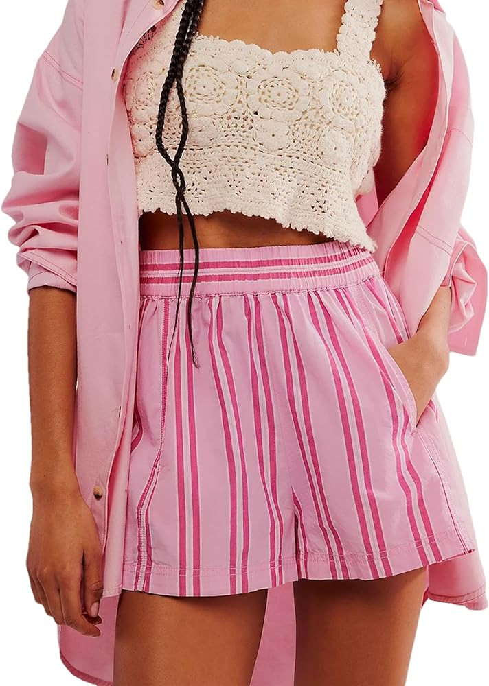 Women's Summer Striped Casual Shorts Elastic High Waist Straight Leg Lounge Shorts with Pockets | Amazon (US)