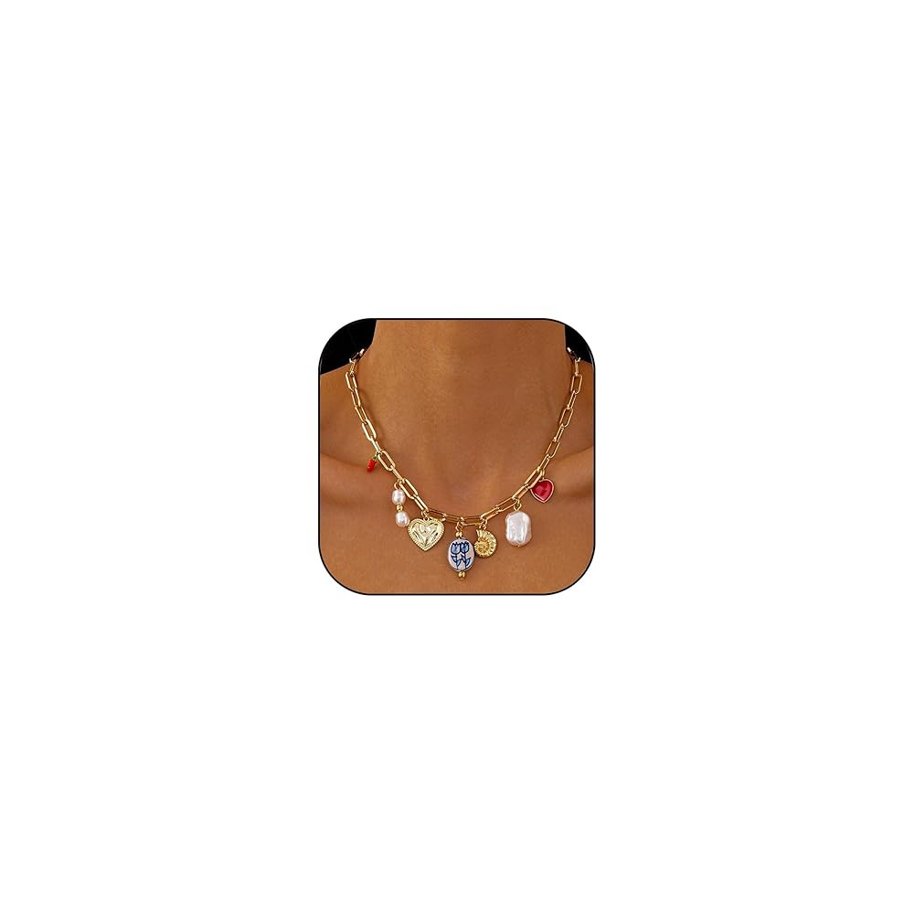 Gold Charm Necklace for Women Summer Charm Necklace Trendy Heart Pearl Flower Conch Pepper Pendan... | Amazon (US)