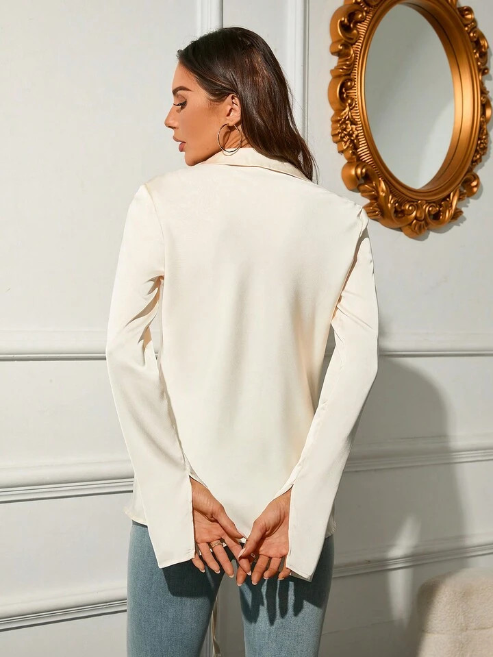 Spring Elegant Belted Elegant Split Hem Flared Sleeve Shirt | SHEIN USA | SHEIN
