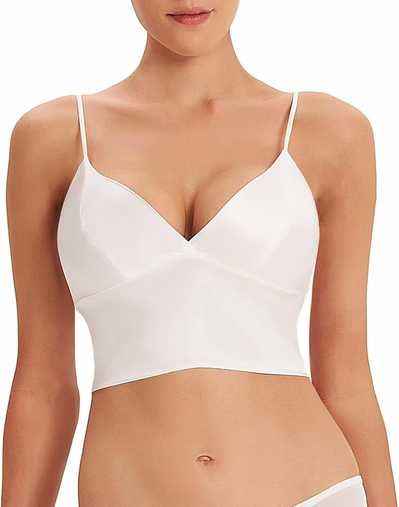 SilRiver Silk Satin Bralette Womens Triangle Bra Deep V Neck Croptops for Teens Wireless Bra | Amazon (US)
