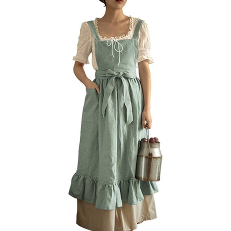 Apron for Women Girls Cute Cotton Linen Kitchen Cooking Apron Dress with Pockets Vintage Ruffle A... | Amazon (US)
