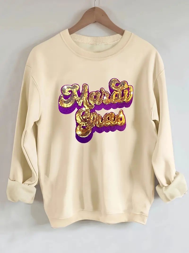 Mardi Gras Print Sweatshirt, Crew Neck Casual Sweatshirt For Winter & Fall, Women's Clothing | Temu Affiliate Program
