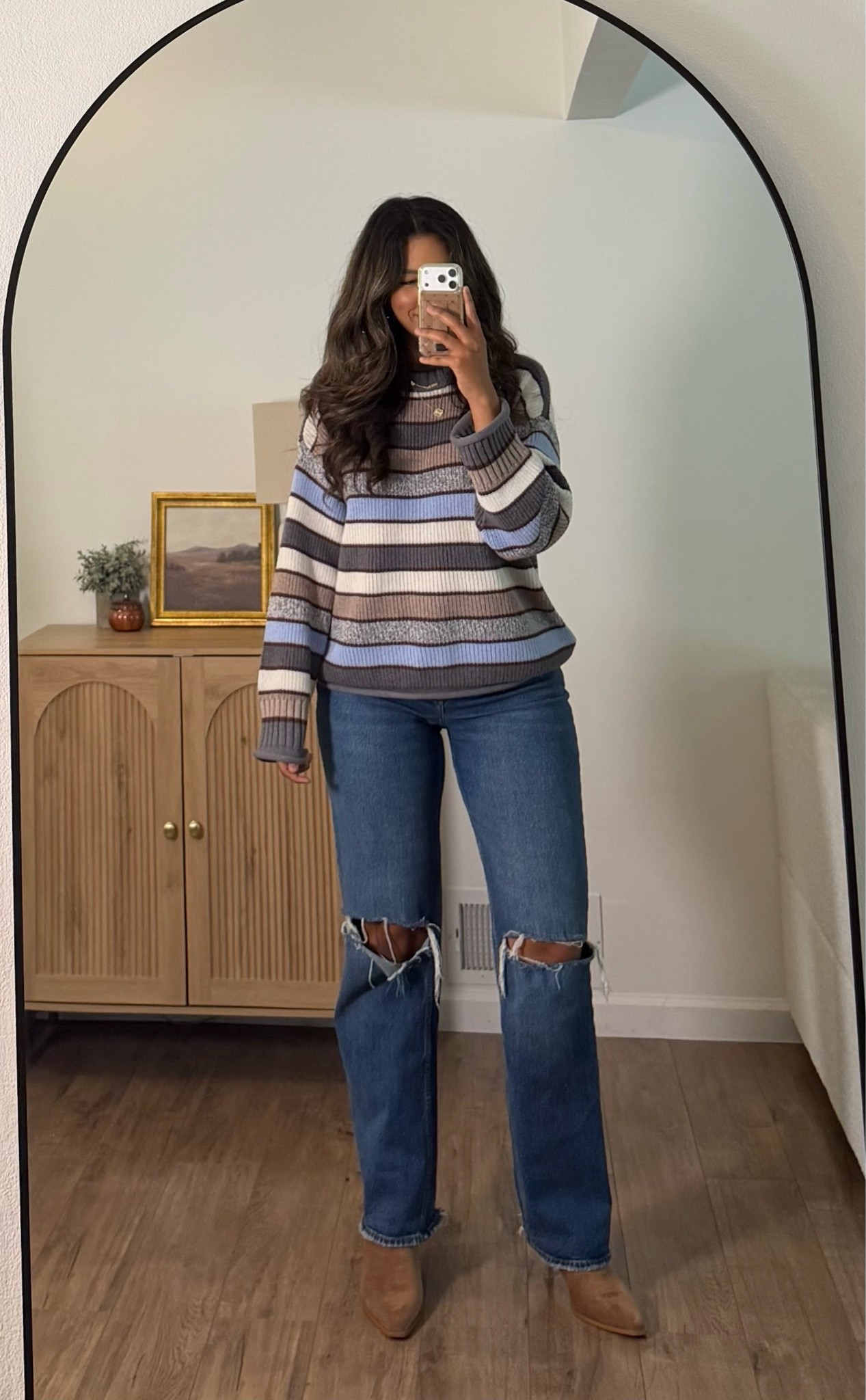 The best jeans!  Curve love 28 long!!  Size medium sweater @abercrombie finds