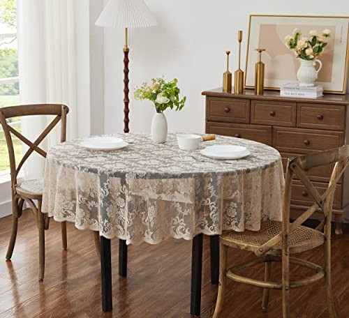 LinenZone Small Linen Round Tablecloth for Rustic Vintage Decor. Sheer Lace Table Cloth Works Great As Wedding Tablecloth or Thanksgiving Table Cover. (Mia 36 Round, Linen) | Amazon (US)