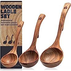 Wooden Ladle Spoon Set, 3 Size Teak Wood Kitchen Serving Spoon with Back Hooks for Pot & Bowl, No... | Amazon (US)