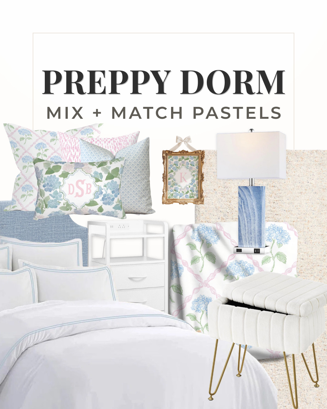 Preppy Pinterest-Worthy Dorm Decor

I love pastels and this dorm's palette is exactly what I would want if I were heading to college. It's giving New England summer vibes, and reminds me of Cape Cod and Nantucket! I mixed soft blue, pink, white and floral pieces with functional dorm essentials to create this look. 

The bedding feels light and classic, the desk shelf and nightstand add extra storage, and the ottoman, lamp, wallpaper and pillows make the room feel styled instead of basic.

Everything is linked in my LTK. Save this for move-in day and follow for more dorm room finds. 

 #preppydormdecor #pastelbedroom #dormroom

#LTKHome