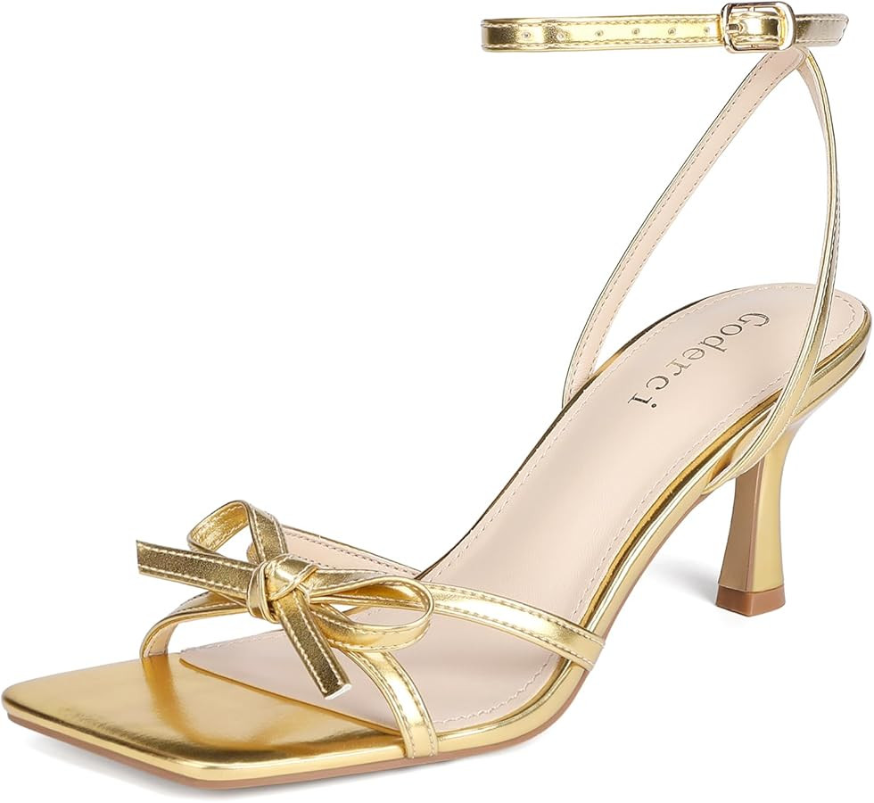 Kitten Heels with Bow Strappy Heels for Women Square Open Toe Mid Heeled Sandals | Amazon (US)