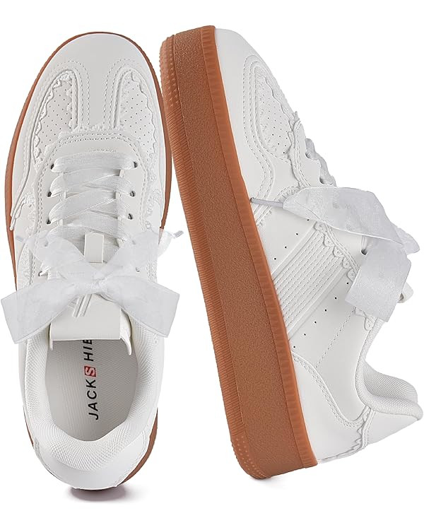 Amazon.com | JACKSHIBO Women's Ribbon Lace-Up Fashion Sneakers Classic Retro Gum Sole Non Slip Pl... | Amazon (US)