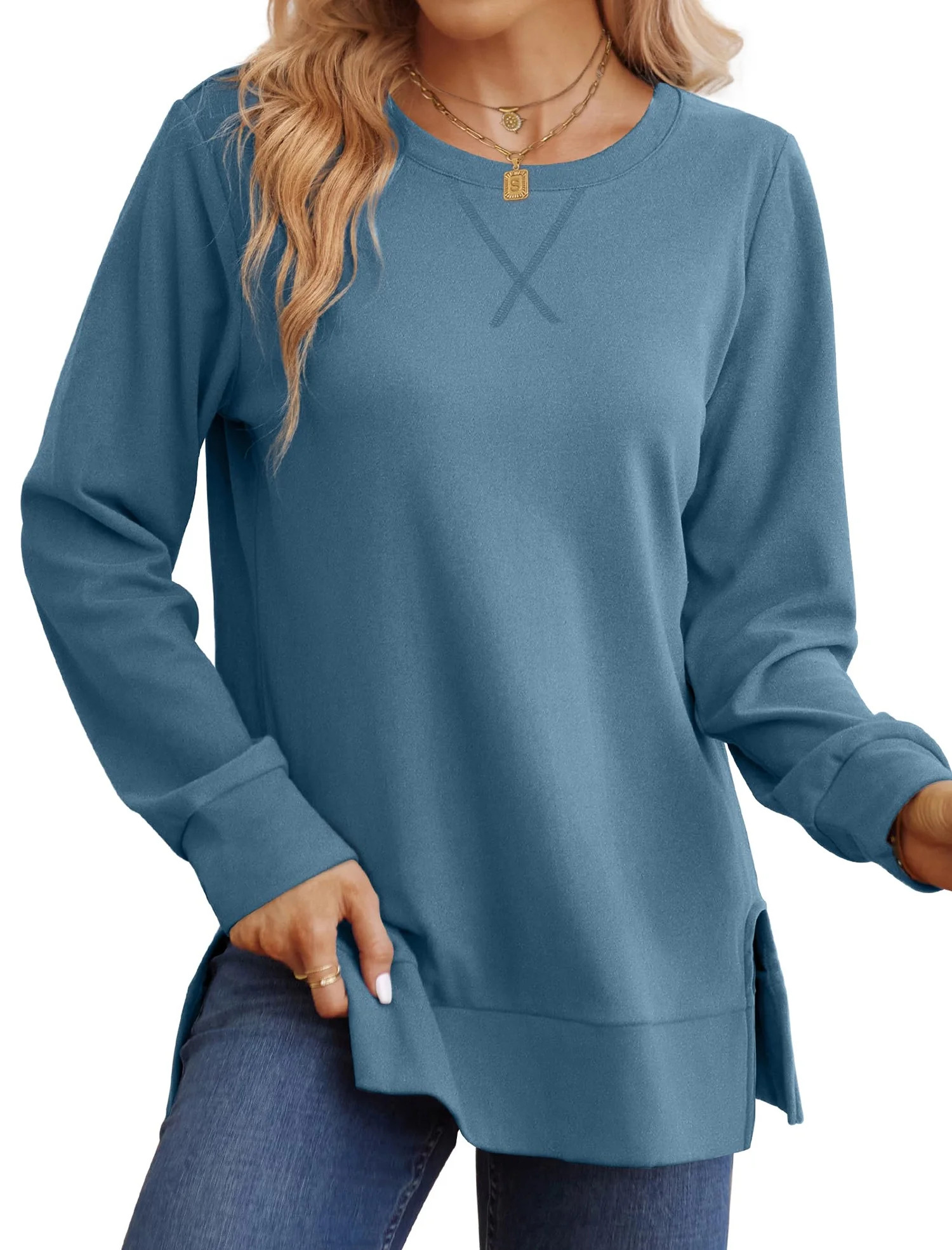 MOSHU Crewneck Sweatshirts for Women Side Split Long Sleeve Shirts Fashion Fall Womens Tops | Walmart (US)