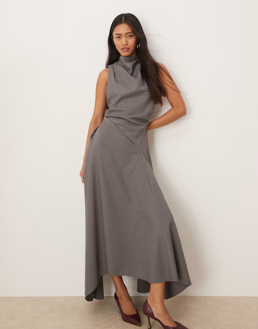 ASOS DESIGN draped high neck hanky hem maxi dress in grey | ASOS (Global)