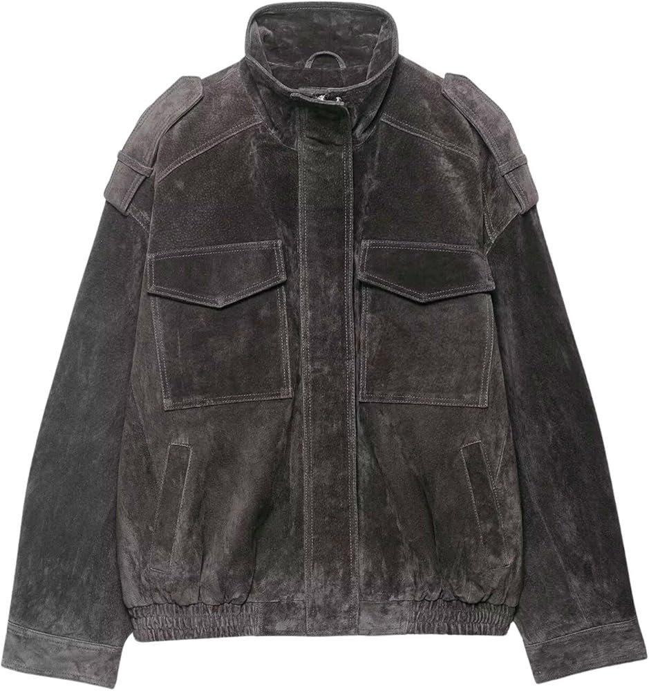 FindThy Women’s Suede Leather Jacket Vintage High Collar Long Sleeve Zip Up Oversized Outerwear... | Amazon (US)