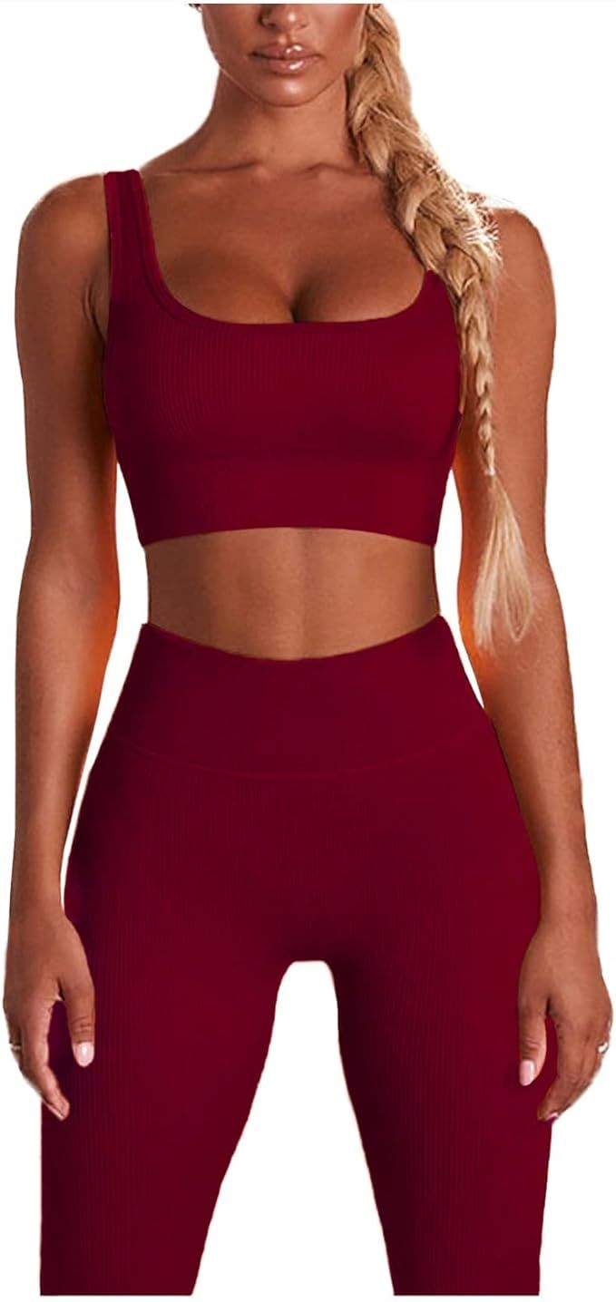 MATIRD Seamless Workout Set for Women 2 Piece Yoga Outfits Activewear Set Ribbed High Waist Leggi... | Amazon (US)