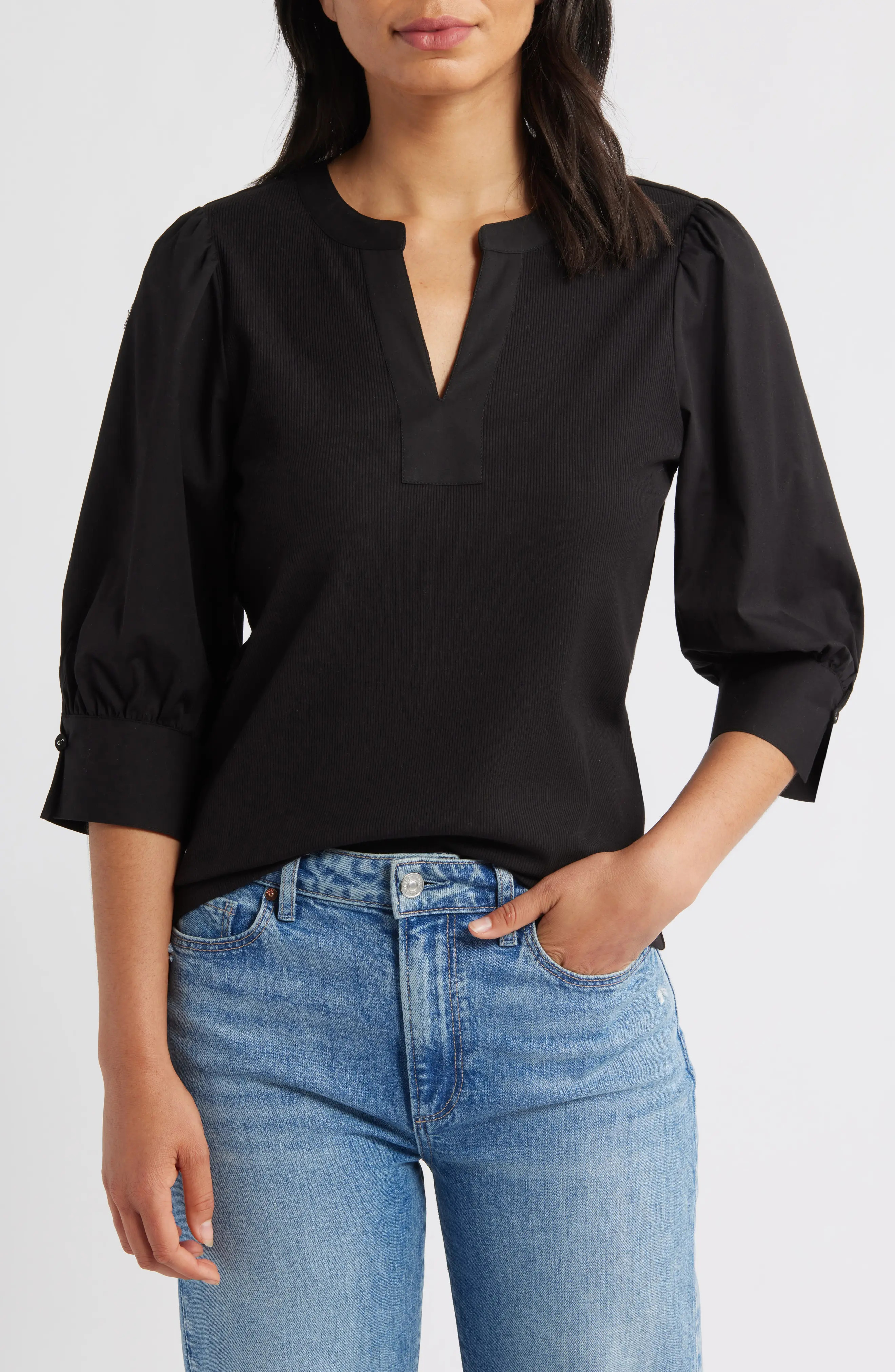 Wit & Wisdom Mixed Media Puff Sleeve Top in Black at Nordstrom, Size X-Small | Nordstrom