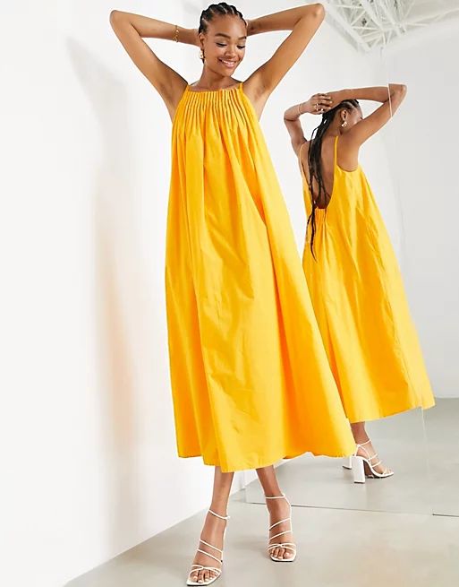 ASOS EDITION cotton trapeze maxi dress with pleat neck in orange | ASOS (Global)