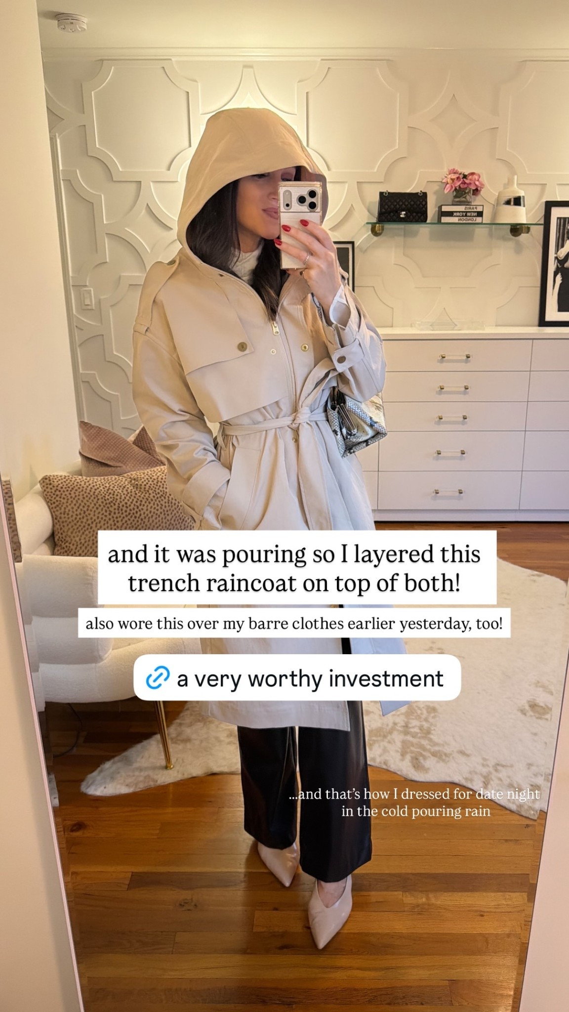 and it was pouring so I layered this trench raincoat on top of both my sheer top and the cashmere wrap. also wore this over my barre clothes earlier yesterday, too! …..and that’s how I dressed for date night in the cold pouring rain
