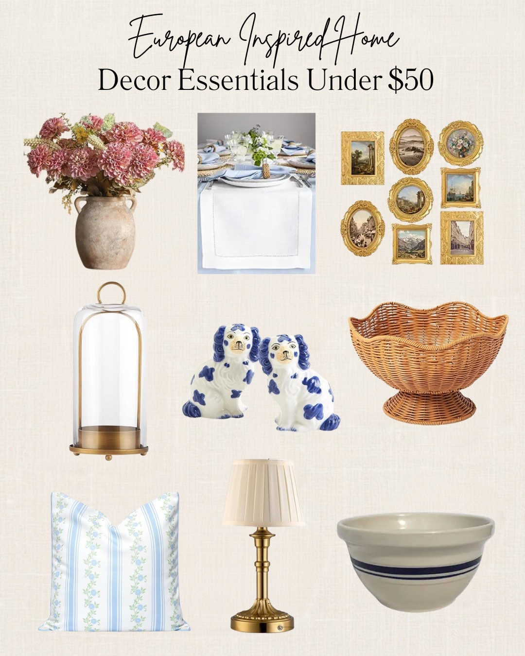 Do you love the look of a collected home?  These decor pieces (all under $50) will help your home to feel like it's full of collected and heirloom pieces!

I especially love the ceramic flower vase and the Staffordshire dog salt and pepper shakers.




#collectedhome #europeandecor #budgetdecor #frenchcountry 

 #LTKHome