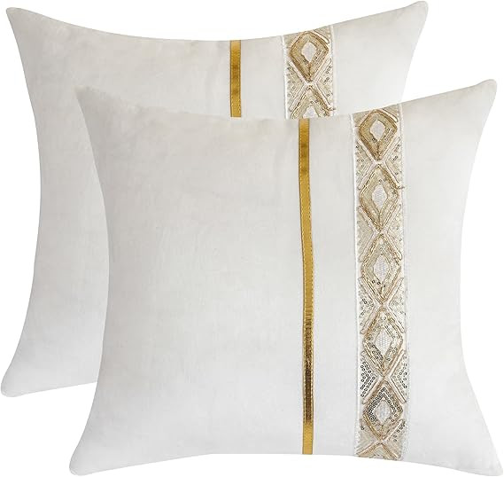 White Velvet Throw Pillow Covers 18x18 Inch Set of 2 with Gold Leather Sequine Embroidery Stripe ... | Amazon (US)
