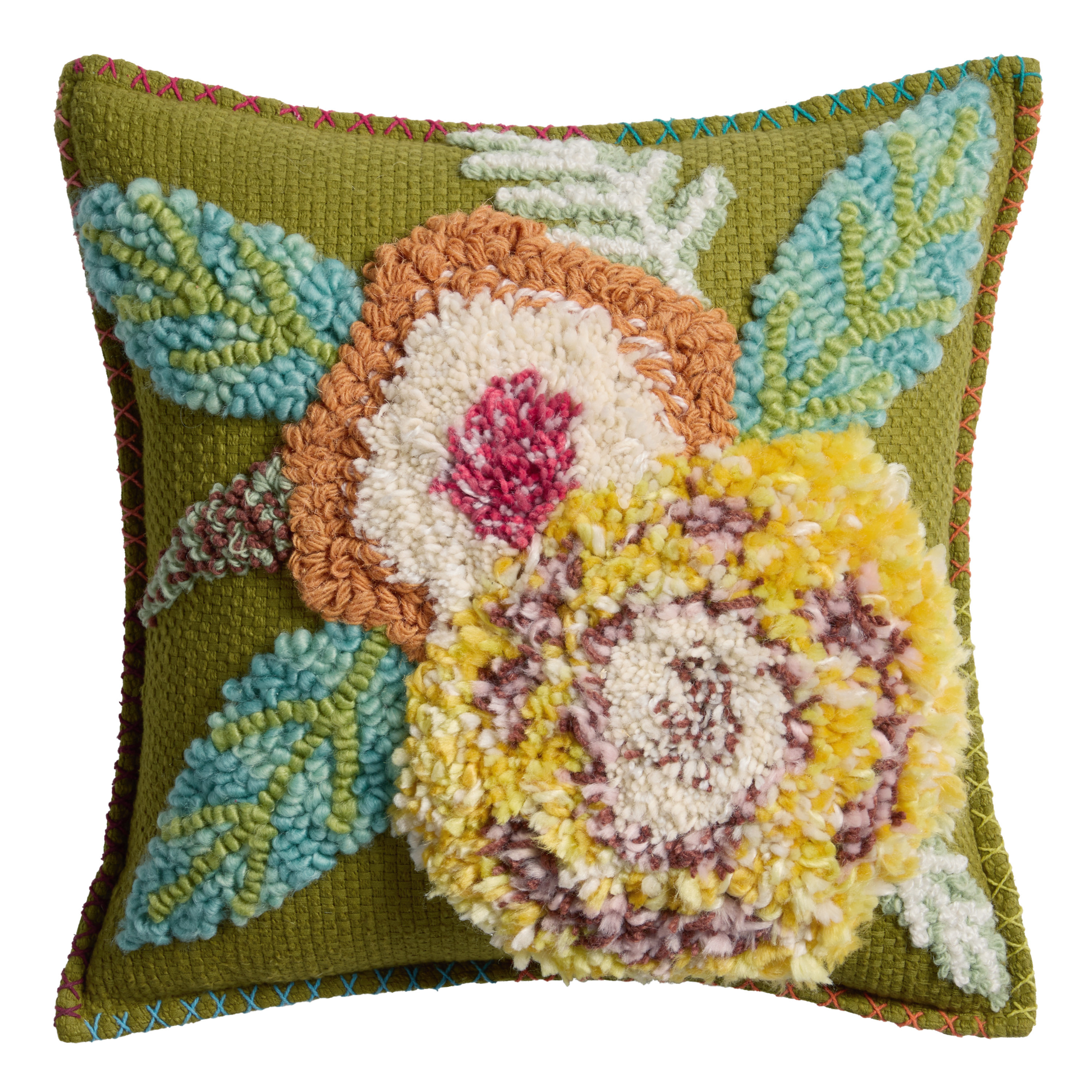 Green Overtufted Floral Throw Pillow | World Market