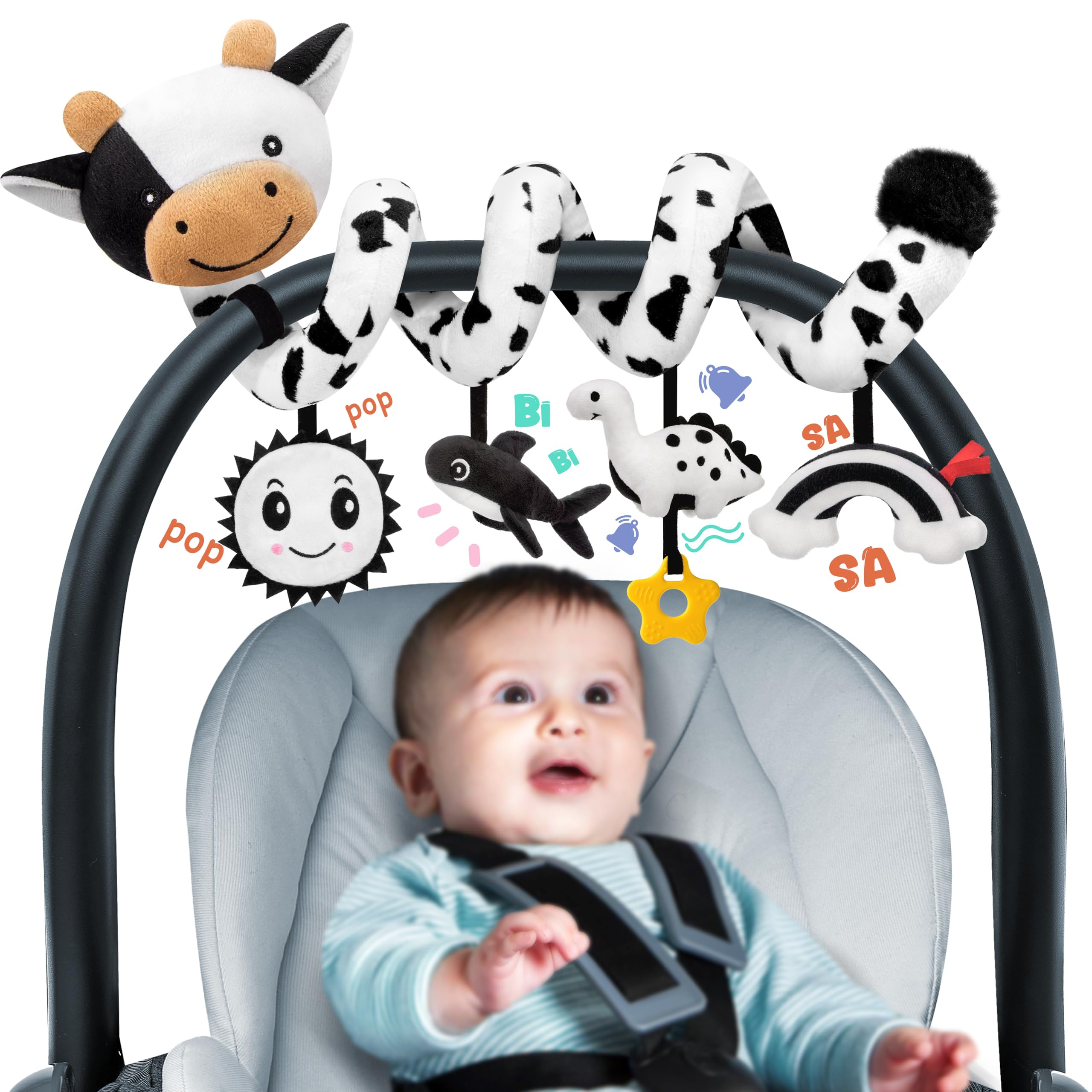 Spiral Car Seat Baby Toys 0-6 Months, Infant Carseat High Contrast Sensory Toys Hanging Stroller Accessories, Newborn Shower Gifts for Baby Boys Girls Essentials Stuff, Cute Black and White Cow | Amazon (US)
