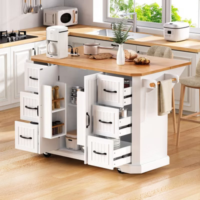 Kitchen Island with Drop Leaf and Wheels, Kitchen Storage Cart with Drawers and Storage Rack, Rolling Kitchen Island with Power Outlet, White | Target