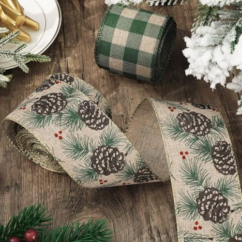 Christmas Wired Edge Ribbon Green Buffalo Plaid Pine Cone Ribbon Xmas Fabric Ribbon for Winter Wr... | Amazon (US)
