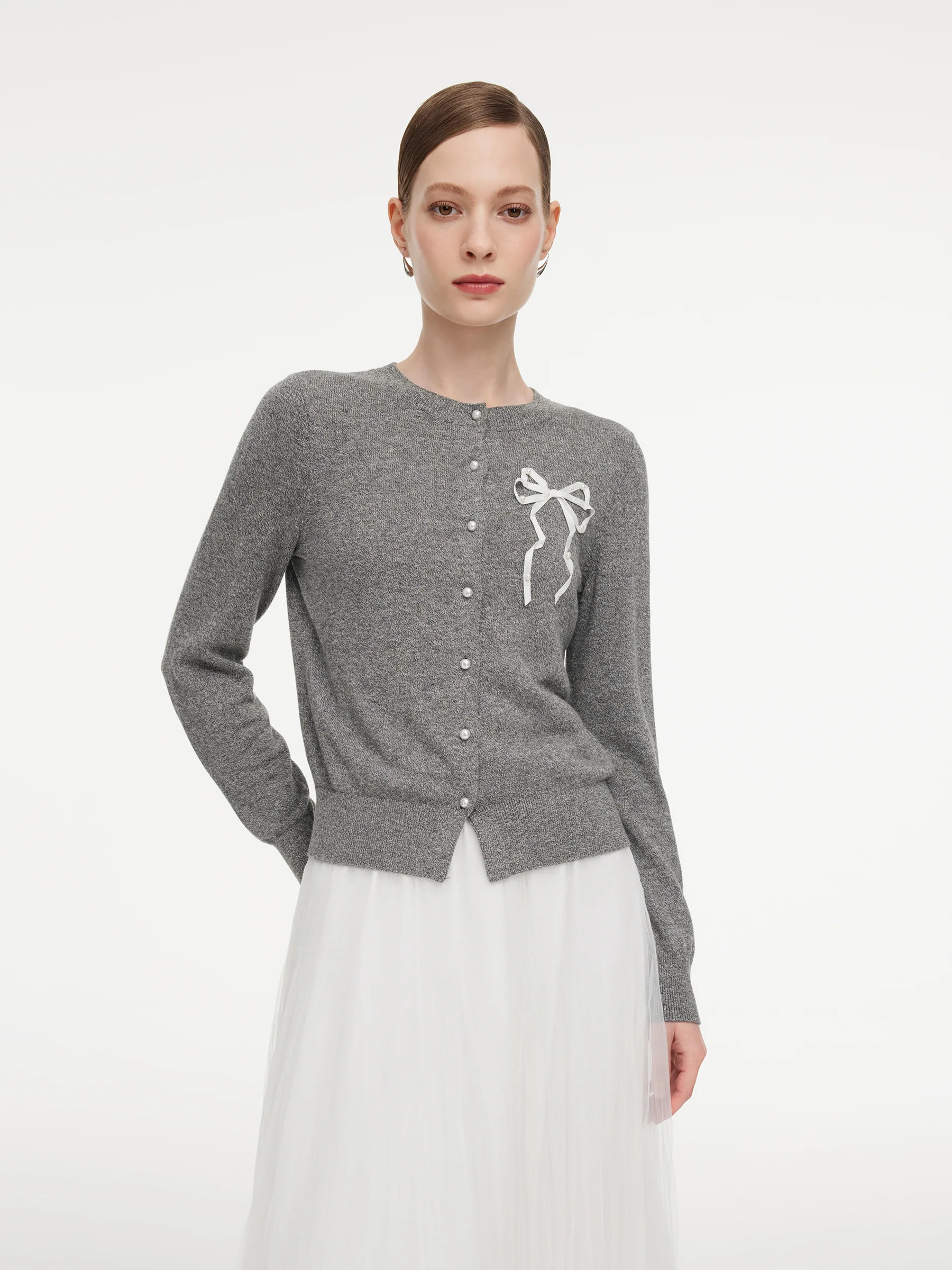 Hand-Sewn Bow Beaded Button Women Cardigan Melange Grey / L | GOELIA