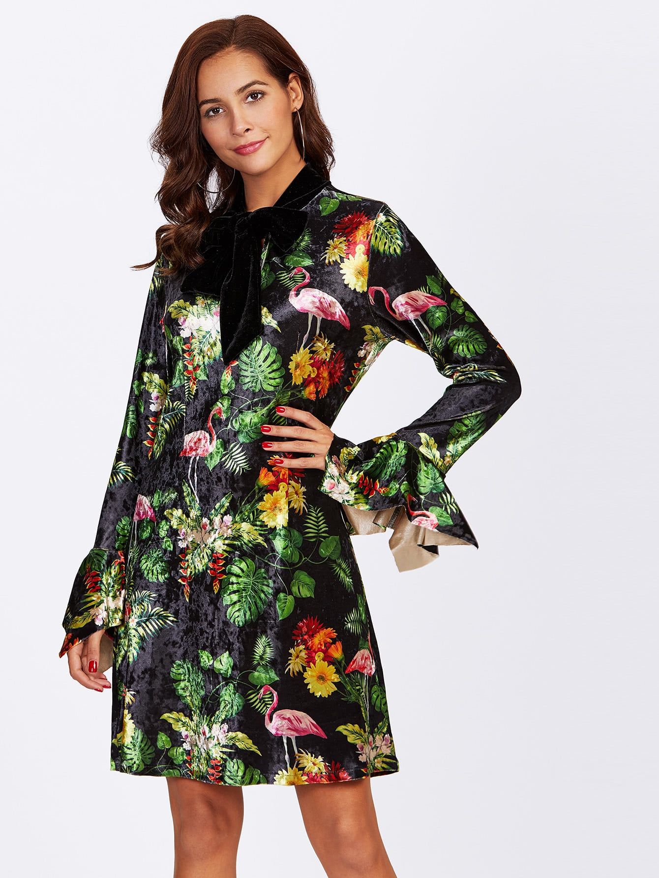 Tie Neck Tropical Velvet Dress | SHEIN