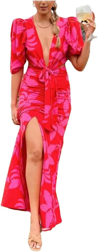 Women V Neck Print Long Dress Cut Out Elegant Short Sleeve Halter Maxi Dress | Amazon (US)