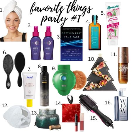 Favorite Things Party Gift ideas! 
Waffle maker 
Brush 
Cheese board 
Revlon blow dryer 
It’s a ten hair product 
Bronzer 
Goop sunscreen 
Anthro candle 

#LTKHoliday #LTKGiftGuide #LTKSeasonal