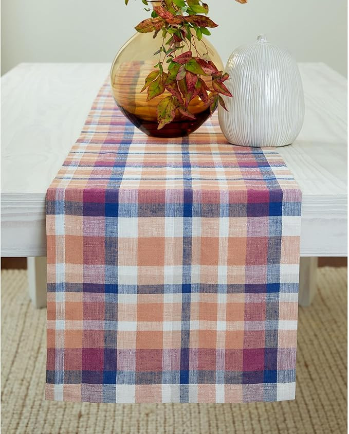 Solino Home Linen Table Runner 108 Inches Long - 100% Pure Linen Plaid Multicolor Fall Table Runn... | Amazon (US)