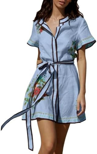 CHARTOU Women's Floral Linen Button Down Wrap Tie Knot Boho Beach Shirt Dress with Belt | Amazon (US)