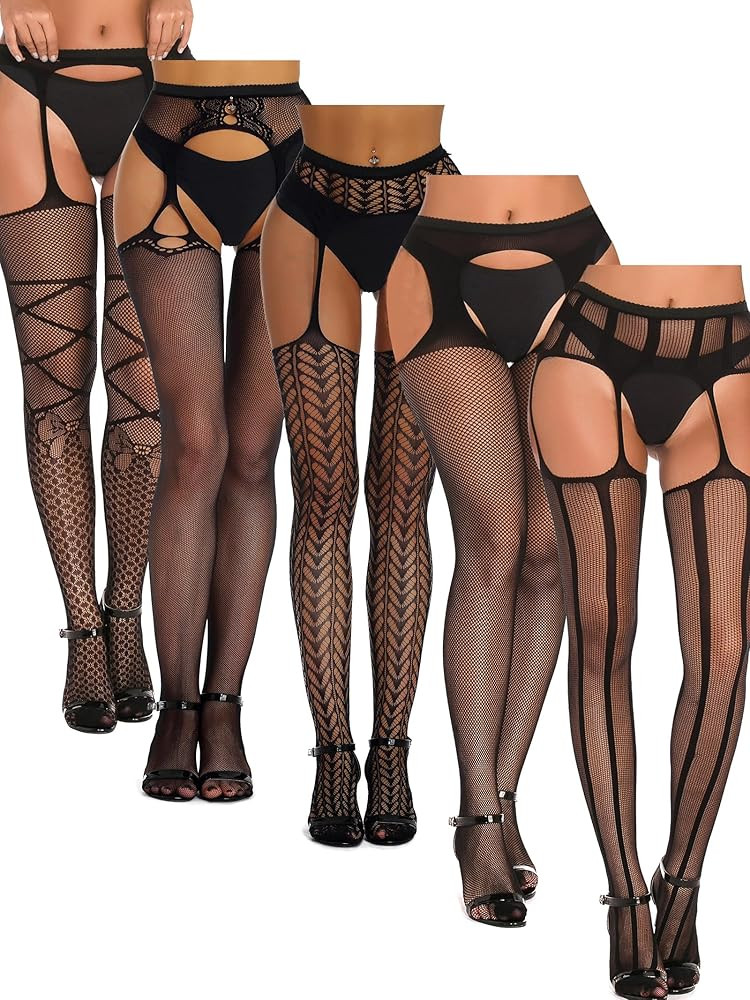 5 Pairs Fishnet Thigh High Garter Stockings Patterned Tights for Women,Garter Belt Set & Suspende... | Amazon (US)