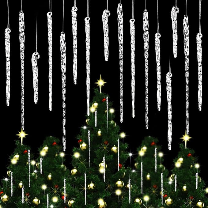 24 Pieces Clear Glass Icicle Christmas Tree Ornaments 4 Sizes 2.4-7.1 Inch Twisted Clear Icicle D... | Amazon (US)