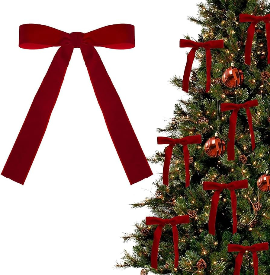 24 Pcs Red Vintage Velvet Christmas Bows Ornaments - Luxury Velvet Ribbon Bows for Christmas Tree... | Amazon (US)